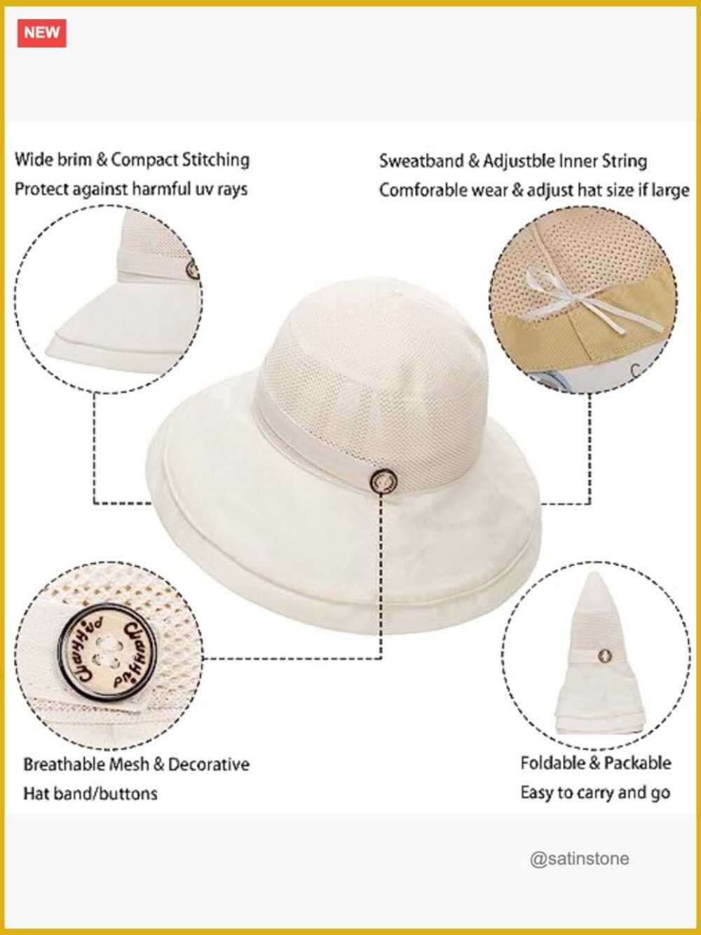 Women's Wide Brim Bucket Sun Hat UPF50+ UV Protection Packable Foldable Travel - Picture 6 of 7